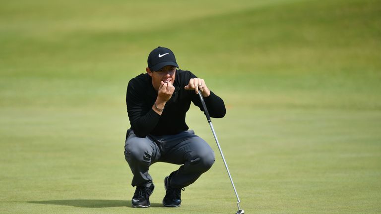 SOUTHPORT, ENGLAND - JULY 22:  Rory McIlroy of Northern Ireland lines up a putt on the 5th hole during the third round of the 146th Open Championship at Ro