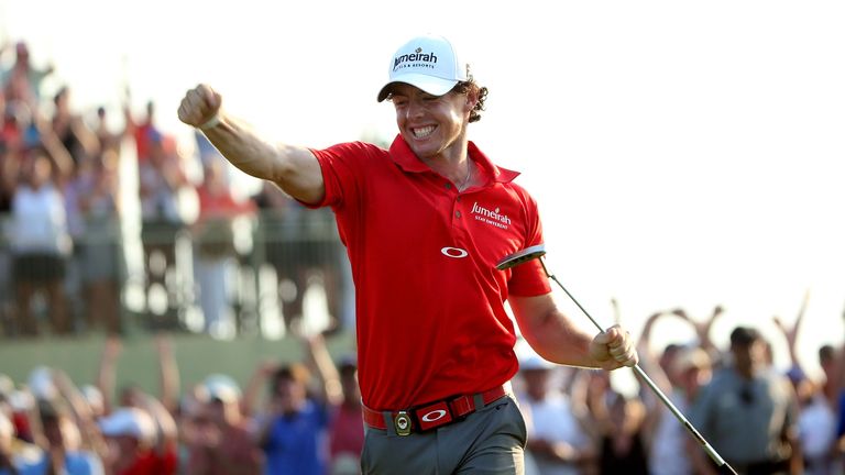 KIAWAH ISLAND, SC - AUGUST 12:  Rory McIlroy of Northern Ireland celebrates after putting on the 18th green during the Final Round of the 94th PGA Champion