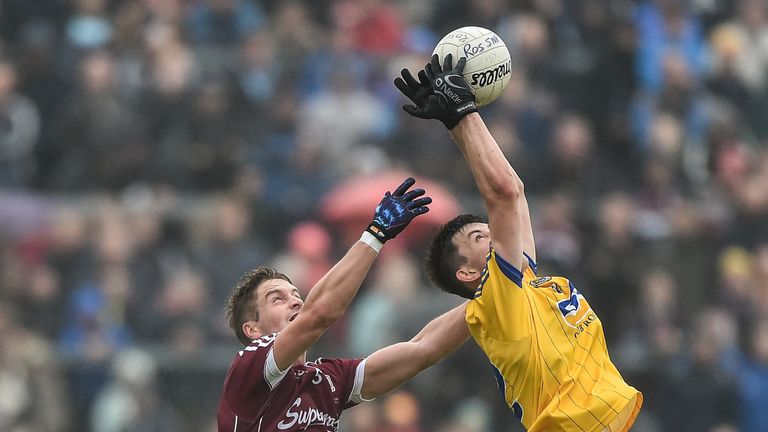 Brian Stack of Roscommon in action against Gary O'Donnell of Galway during Connacht GAA Football Senior Championship Final between Galway and Roscommon 