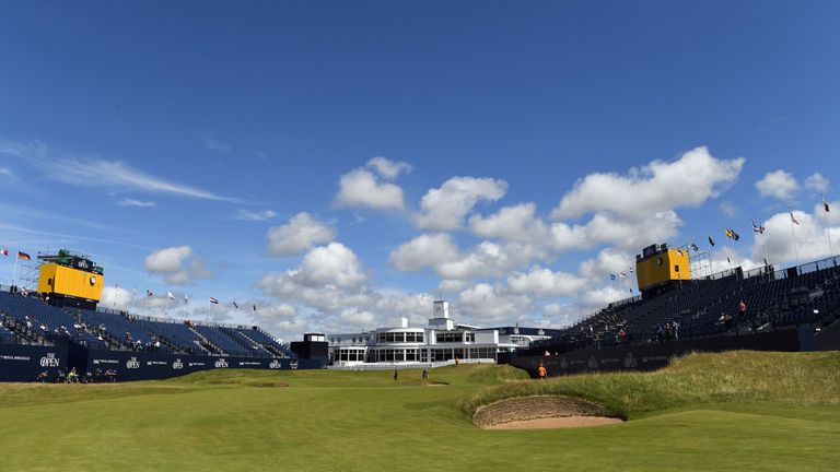 View of the Art-Deco-style clubhouse seen from the 18th fairway during practice at Royal Birkdale golf course near Southport