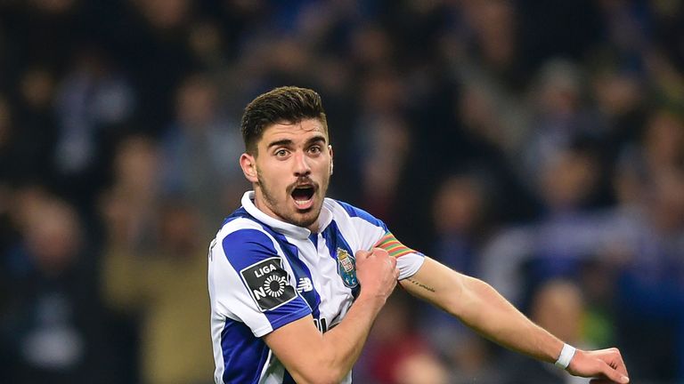 Porto's midfielder Ruben Neves celebrates after scoring during the Portuguese league football match FC Porto vs CD Tondela at the Dragao stadium in Porto o