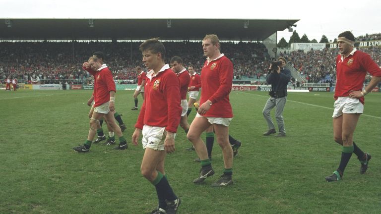 Rob Andrew (centre left), Dean Richards (centre) and Martin Bayfield (right)  are dejected after the loss to New Zealand in the third Test of the 1993 tour