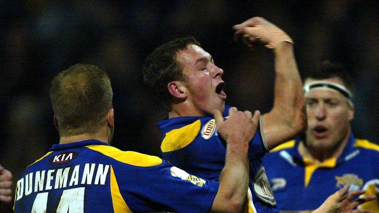 Danny McGuire celebrates his try against Wigan in 2004