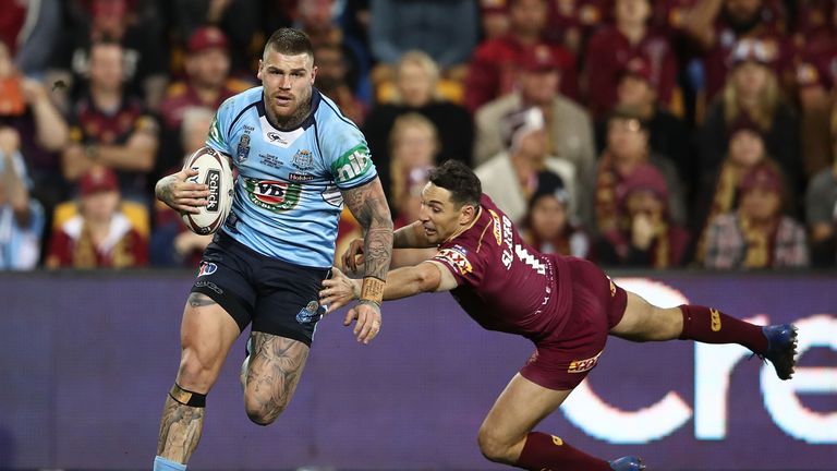 Josh Dugan scores a try during game three of State of Origin