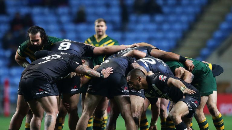 Players pack down for a scrum during the 2016 Four Nations fixture between Australia and New Zealand