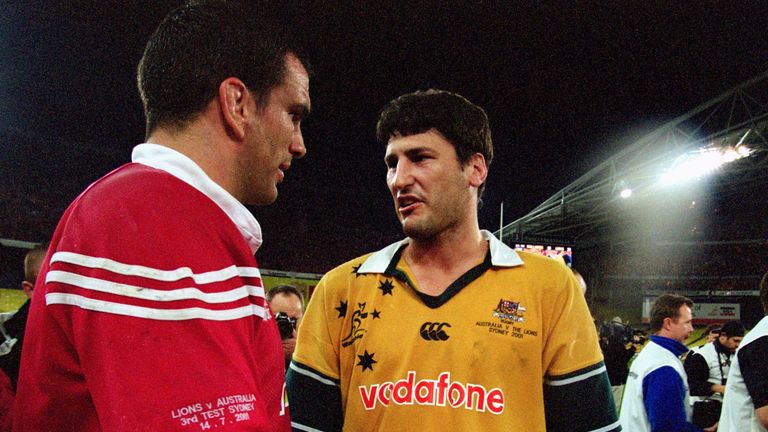 Martin Johnson shakes hands with Australia captain John Eales after the third Lions Test in 2001