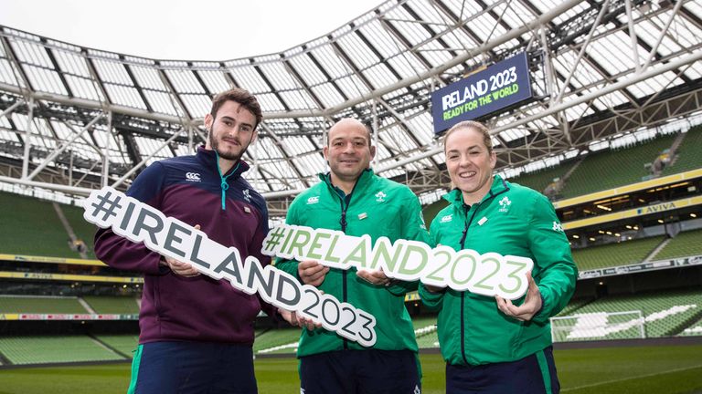 Jack Kelly (Ireland U20 Captain), Rory Best (Ireland Captain) and Niamh Briggs (Ireland Women's Captain) during the 2023 Rugby World Cup sites visit 