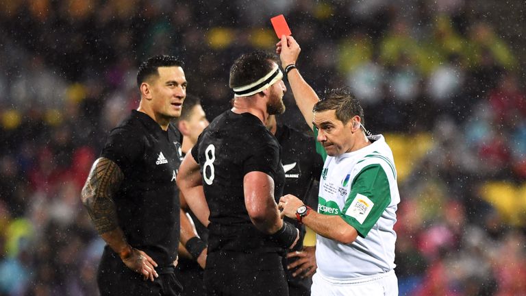 Sonny Bill Williams is shown a red card by referee Jerome Garces