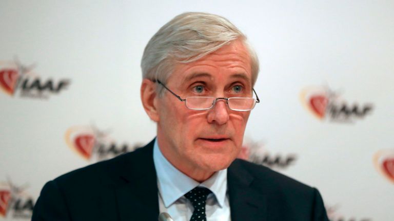Chairperson of the International Association of Athletics Federations (IAAF) Taskforce Rune Andersen (R) speaks during a press conference following the 208