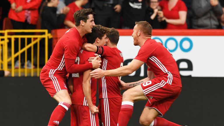 Aberdeen players surround Ryan Christie (2nd left) in celebration of the opening goal