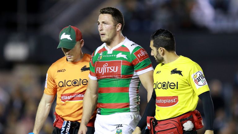 SYDNEY, AUSTRALIA - JULY 21:  Sam Burgess of the Rabbitohs leaves the field with an injury during the round 20 NRL match between the Cronulla Sharks and th