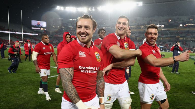 AUCKLAND, NEW ZEALAND - JULY 08:  Sam Warburton, (C) the Lions captain, Jack Nowell (L) and Rhys Webb acknowledge the Lions supporters after they draw the 