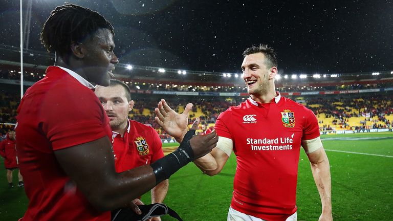 WELLINGTON, NEW ZEALAND - JULY 01:  Maro Itoje of the Lions celebrates with Sam Warburton afte winning the International Test match between the New Zealand