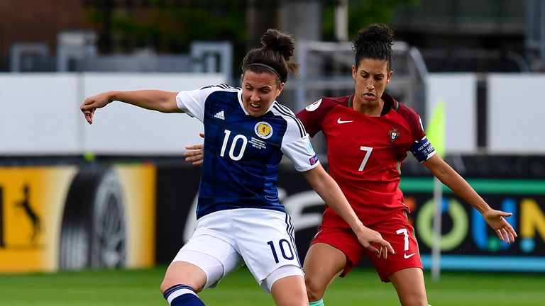 Scotland midfielder Leanne Crichton (left) vies with Portugal's Claudia Neto 