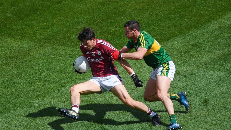 Sean Armstrong of Galway in action against Shane Enright of Kerry during the GAA Football All-Ireland Senior Championship Quarter-Final match