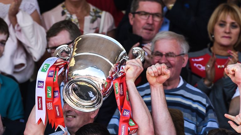 Sean Cavanagh lifting the Anglo-Celt Cup during the Ulster GAA Football Senior Championship Final match between Tyrone and Down