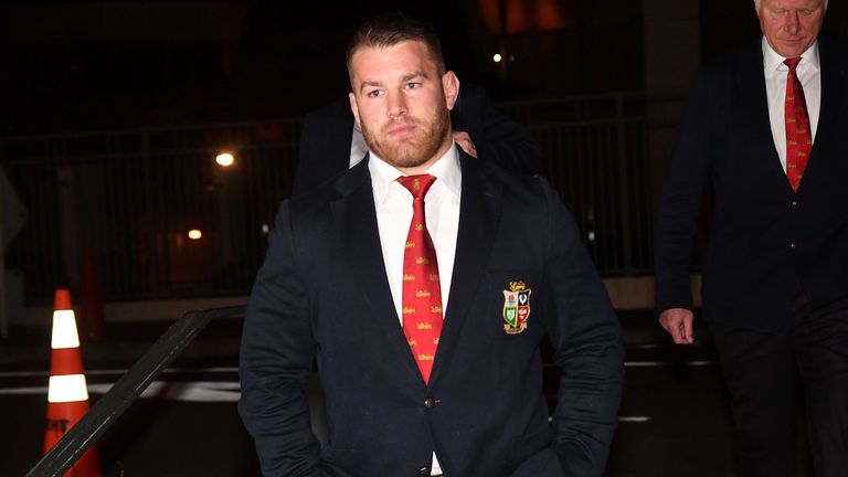 British and Irish Lions Sean O'Brien arrives with his representatives at the NZRU Headquarters for his judicial hearing in Wellington on July 2, 2017.
Lion