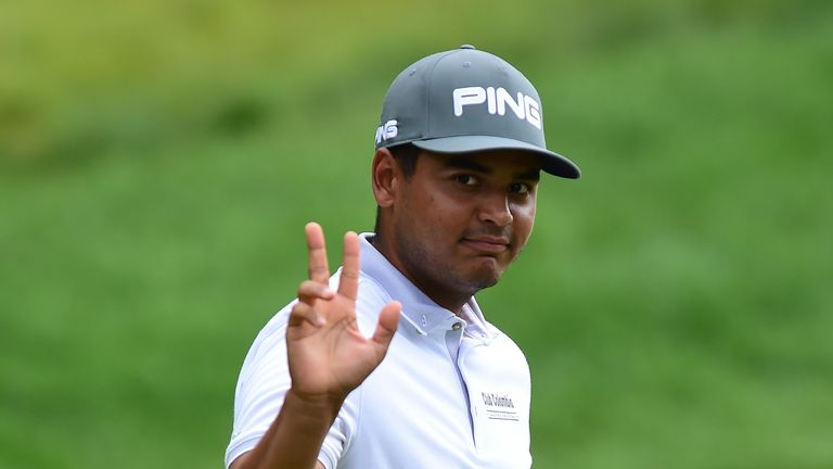 Sebastian Munoz of Colombia reacts after his birdie putt on the 13th green during round two of The Greenbrier Classic