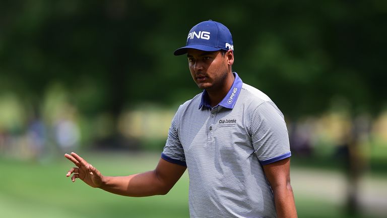 Sebastian Munoz of Colombia reacts after making a birdie on the sixth green during round three of The Greenbrier Classic