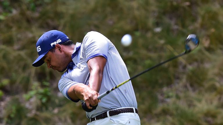 WHITE SULPHUR SPRINGS, WV - JULY 08:  Sebastian Munoz of Colombia tees off the seventh hole during round three of The Greenbrier Classic