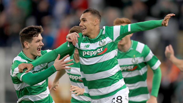 Shamrock Rovers' Graham Burke (centre) celebrates scoring his side's first goal with team mates during the UEFA Europa League Second Qualifying Round, Firs