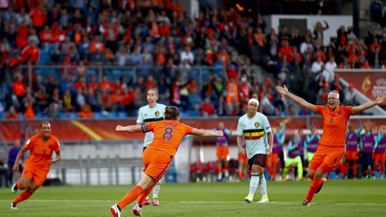 Sherida Spitse (C) of Netherlands celebrates after scoring from the penalty spot