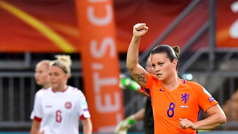 Netherlands' midfielder Sherida Spitse reacts after scoring during the UEFA Women's Euro 2017 tournament football match between Netherlands and Denmark at 