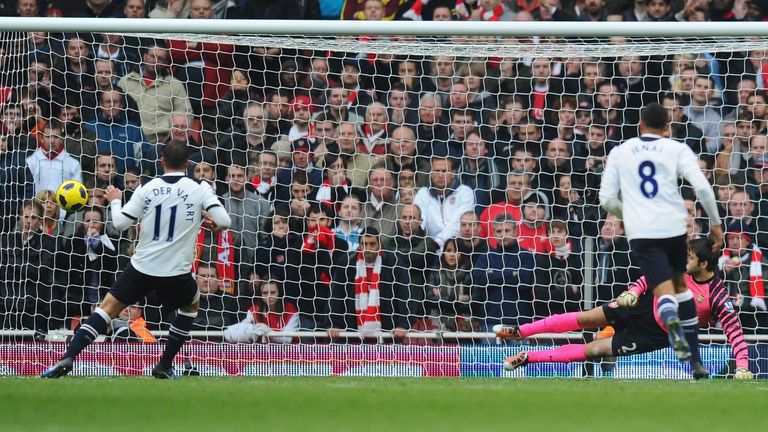 LONDON, ENGLAND - NOVEMBER 20:  Rafael Van Der Vaart of Tottenham scores from the penalty spot during the Barclays Premier League match between Arsenal and