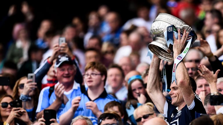Dublin captain Stephen Cluxton lifts The Delaney Cup after following the Leinster GAA Football Senior Championship Final match between Dublin and Kildare 