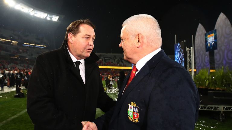 Head coach Steve Hansen shakes hands with head coach Warren Gatland of the Lions