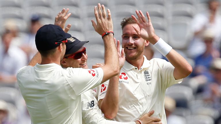 Stuart Broad celebrates dismissing Heino Kuhn on day two of the first Test