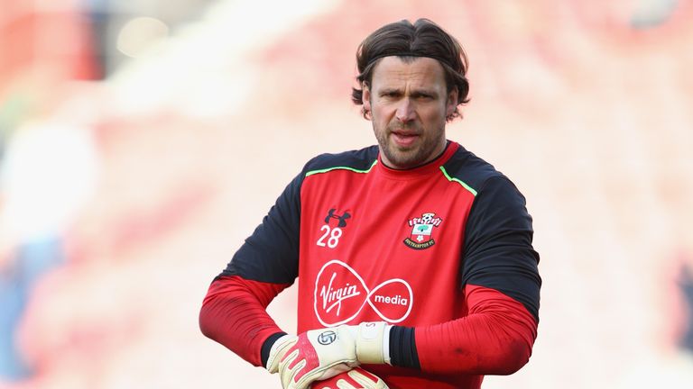 SOUTHAMPTON, ENGLAND - MAY 10: Stuart Taylor of Southampton looks on prior to the Premier League match between Southampton and Arsenal at St Mary's Stadium