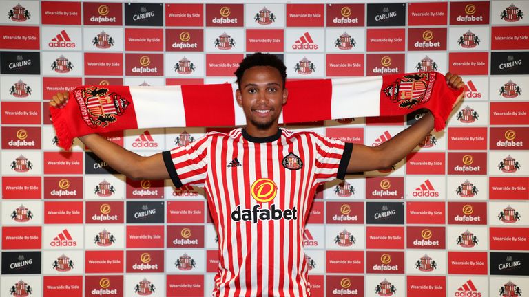 SUNDERLAND, ENGLAND - JULY 5: Brendan Galloway poses for the first time at the Academy of Light on July 5, 2017 in Sunderland, England. (Photo by Scott Hep