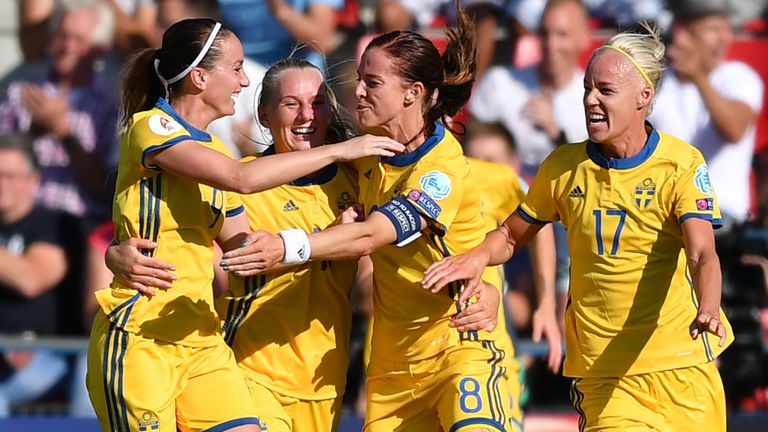 Sweden's forward Lotta Schelin (3rd L) celebrates with teammates after scoring a goal during the UEFA Womens Euro 2017 football tournament match between Sw