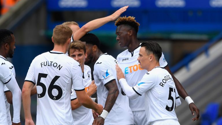 Swansea striker Tammy Abraham celebrates after scoring the opening goal against Birmingham