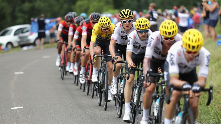 DOLE, FRANCE - JULY 08:  The peloton pass through during stage eight of the 2017 Le Tour de France, a 187.5km road stage from Dole to Station Des Rousses o
