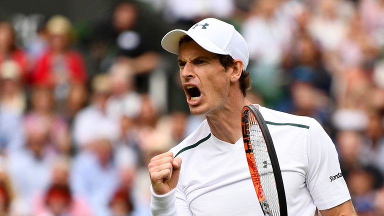 Andy Murray of Great Britain celebrates during the Gentlemen's Singles first round match against Alexander Bublik of Kazakhstan