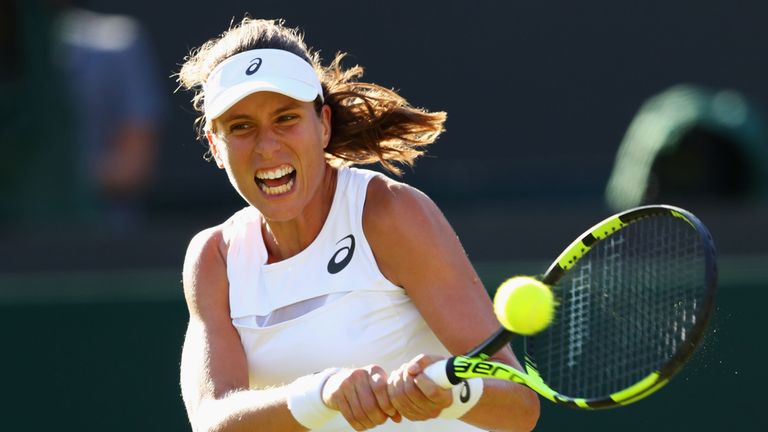 Johanna Konta of Great Britain plays a backhand during the Ladies Singles first round match against Su-Wei Hsieh of Taipei