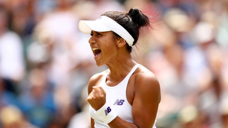 Heather Watson of Great Britain celebrates during the Ladies Singles third round match against Victoria Azarenka