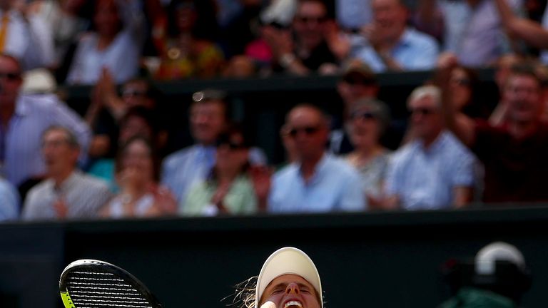 Johanna Konta celebrates match point and victory during her second round defeat of Donna Vekic