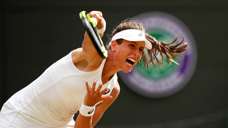 Johanna Konta serves during third round match against Maria Sakkari