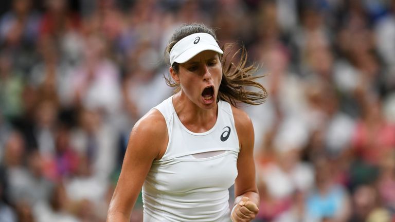 Johanna Konta of Great Britain reacts during the Ladies Singles quarter final match against Simona Halep of Romania