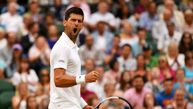 Novak Djokovic of Serbia reacts during the Gentlemen's Singles fourth round match against Adrian Mannarino of France