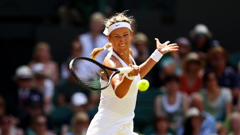 Victoria Azarenka plays a forehand during the Ladies Singles third round match against Heather Watson 