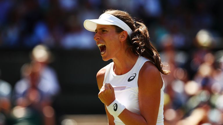LONDON, ENGLAND - JULY 05:  Johanna Konta of Great Britain celebrates during the Ladies Singles second round match against Donna Vekic of Croatia on day th