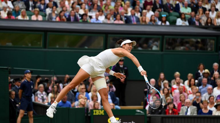 Garbine Muguruza of Spain serves during the Ladies Singles final against Venus Williams of The United States