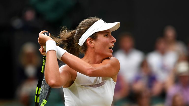 Johanna Konta of Great Britain plays a forehand during the Ladies Singles quarter final match against Simona Halep of Romania