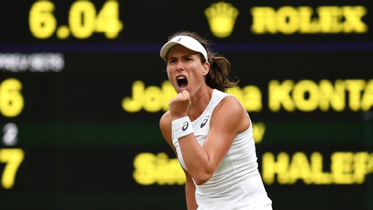 Johanna Konta of Great Britain celebrates as she wins the second set during the Ladies Singles quarter final match against Simona Halep