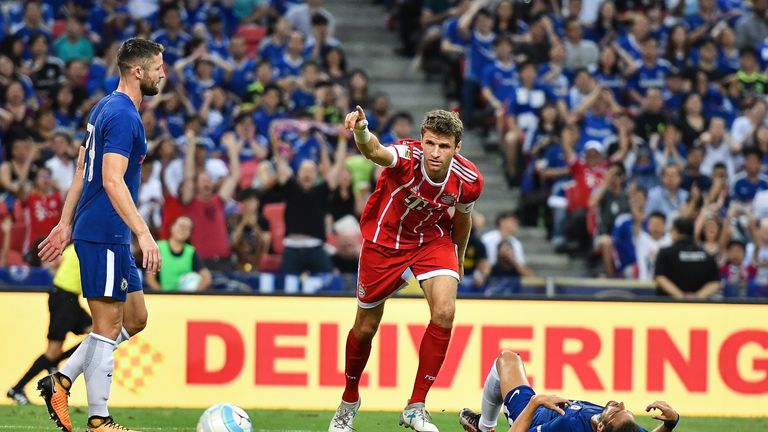 SINGAPORE - JULY 25: Thomas Muller #25 of FC Bayern Muenchen celebrates during the International Champions Cup match between Chelsea FC and FC Bayern Munic