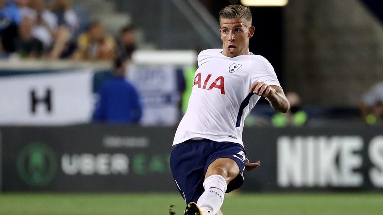 HARRISON, NJ - JULY 25:  Toby Alderweireld #4 of Tottenham Hotspur passes the ball in the second half against Roma during the International Champions Cup o